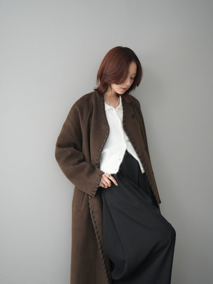 [SET]ハンドステッチ裏中綿ロングコート+モヘア衿付きボタンプルオーバー(2set)