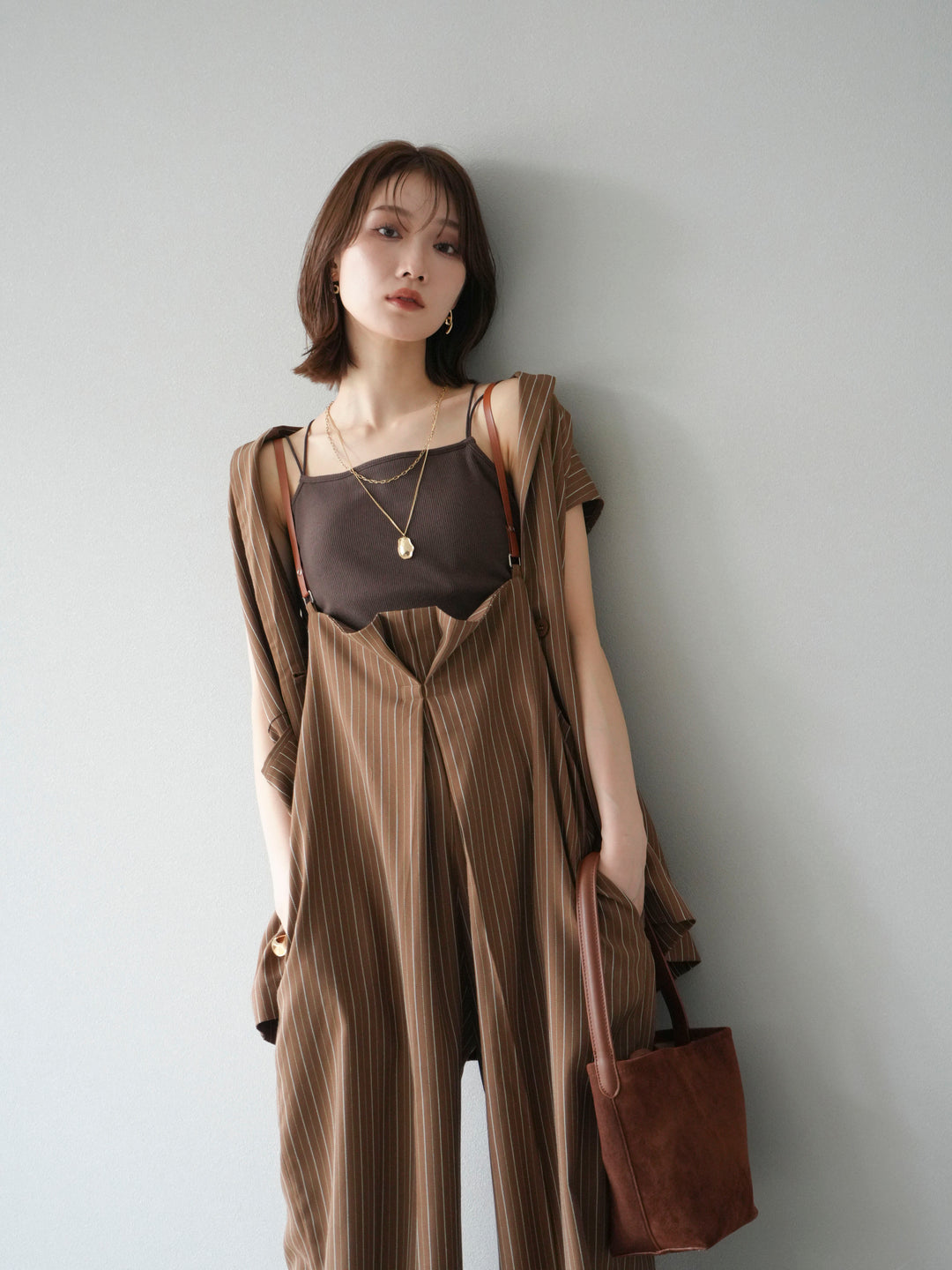 【着回しセット】[SET]ヘリンボーンストライプジレ+シアー切替ベロアトップス+ヘリンボーンストライプサロペット(3set)