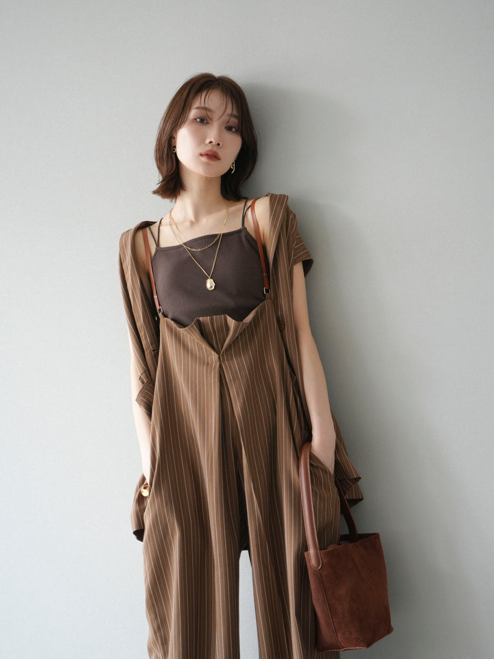 【着回しセット】[SET]ヘリンボーンストライプジレ+シアー切替ベロアトップス+ヘリンボーンストライプサロペット(3set)