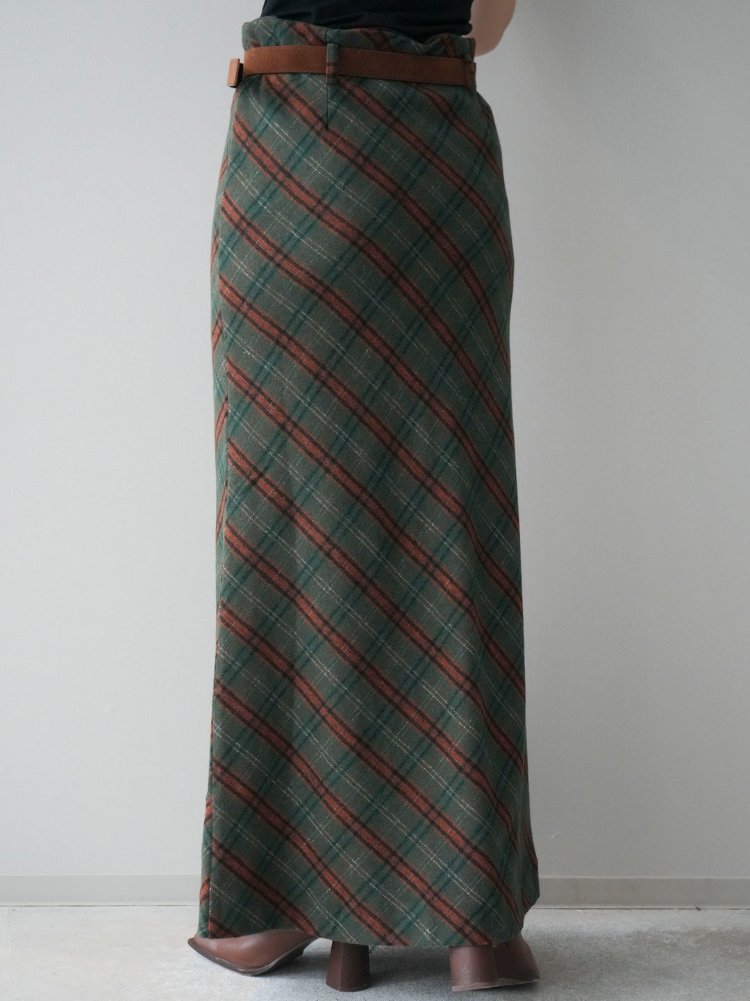 [予約]ベルト付チェック柄ナロースカート/green