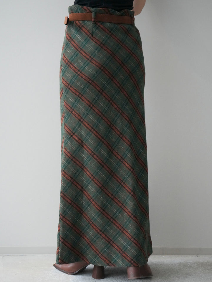 [予約]ベルト付チェック柄ナロースカート/green