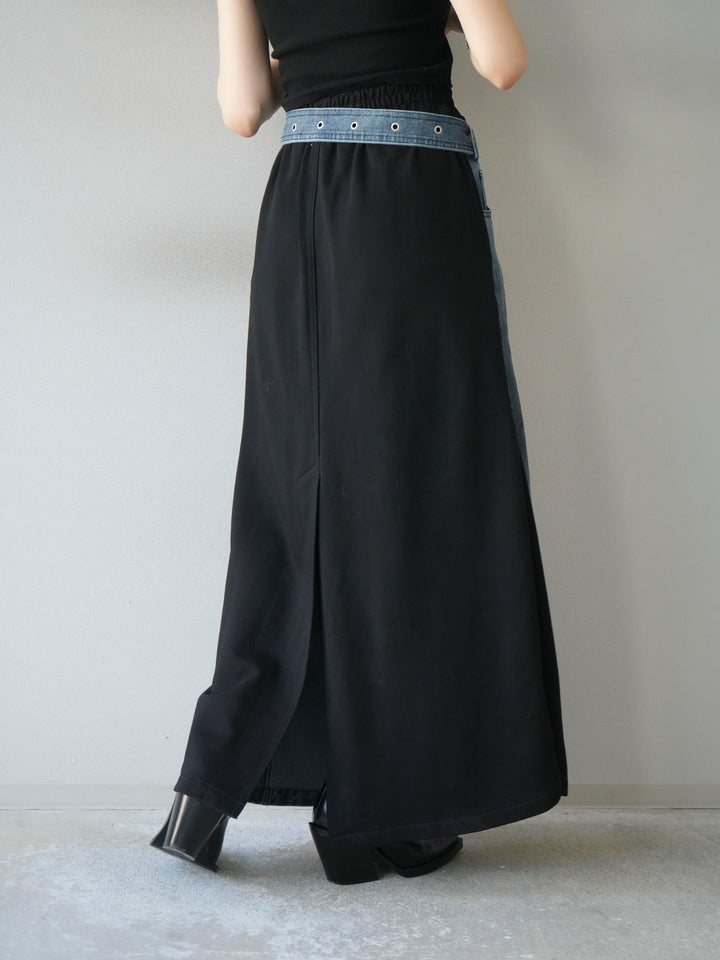 [予約]デザインベルトデニムドッキングスウェットスカート/ブラック