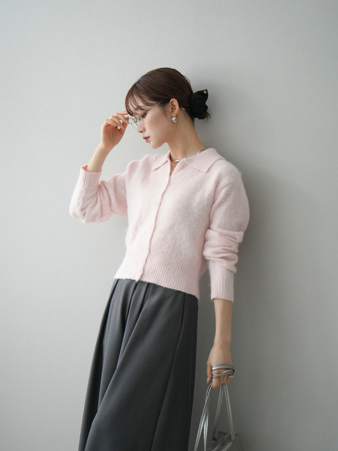 [SET]モヘア衿付きボタンプルオーバー+テープベルトタックバギーパンツ(2set)