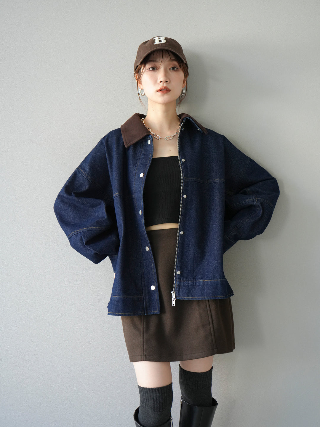[予約]スウェード襟切替デニムブルゾン/インディゴ