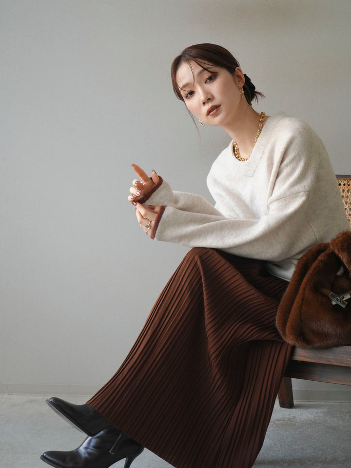 [SET]Vネック配色スリーブニットプルオーバー+選べるアクセセット(2set)