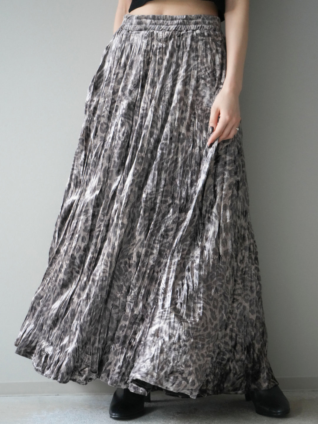 [予約]レオパードベロアワッシャーロングスカート/gray