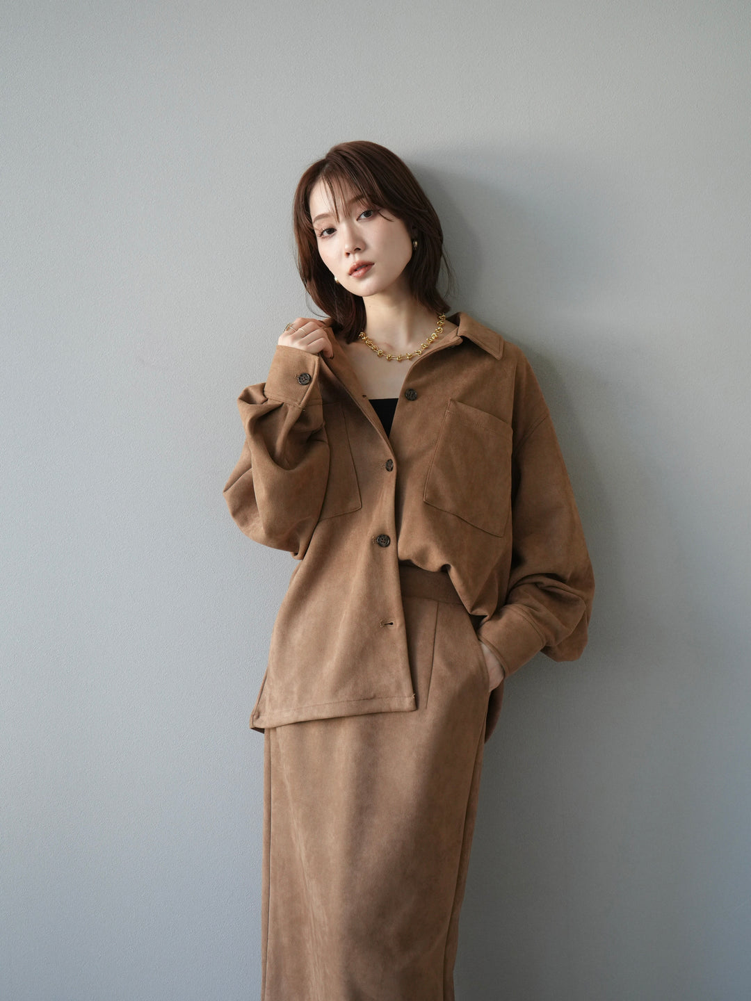 [SET]スエードシャツジャケット+スエードタイトスカート(2set)