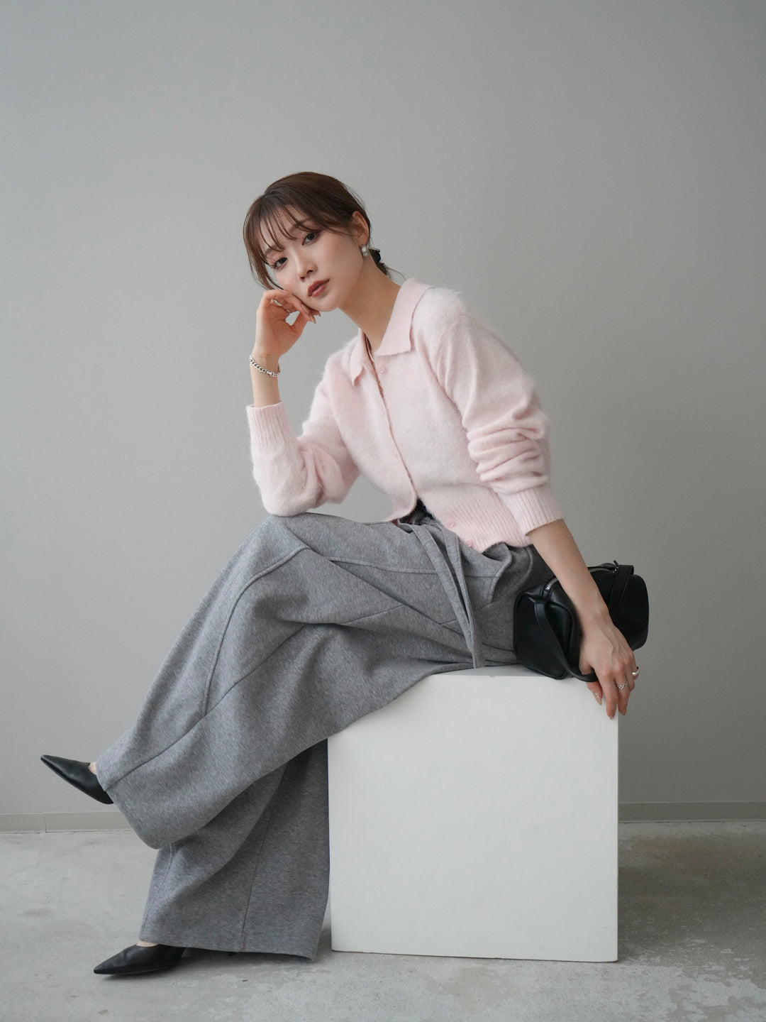 [予約]モヘア衿付きボタンプルオーバー/pink