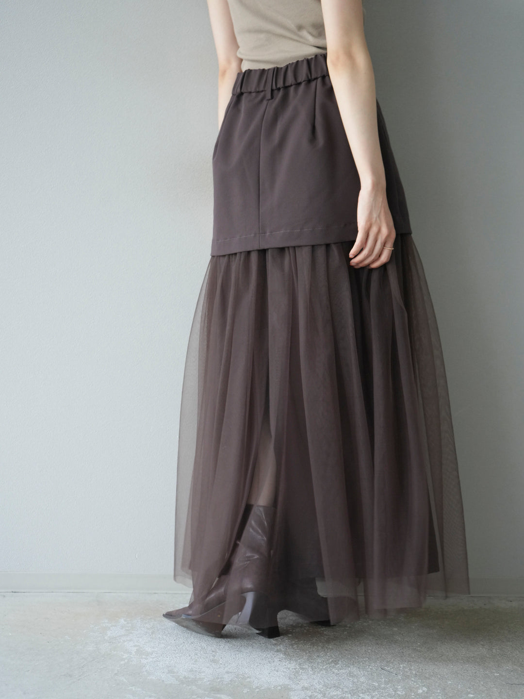 [予約]エステル切替チュールスカート/ブラウン