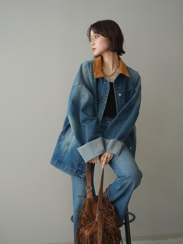 [SET]コーデュロイ×デニムミドルジャケット+フレアデニムパンツ(2set)