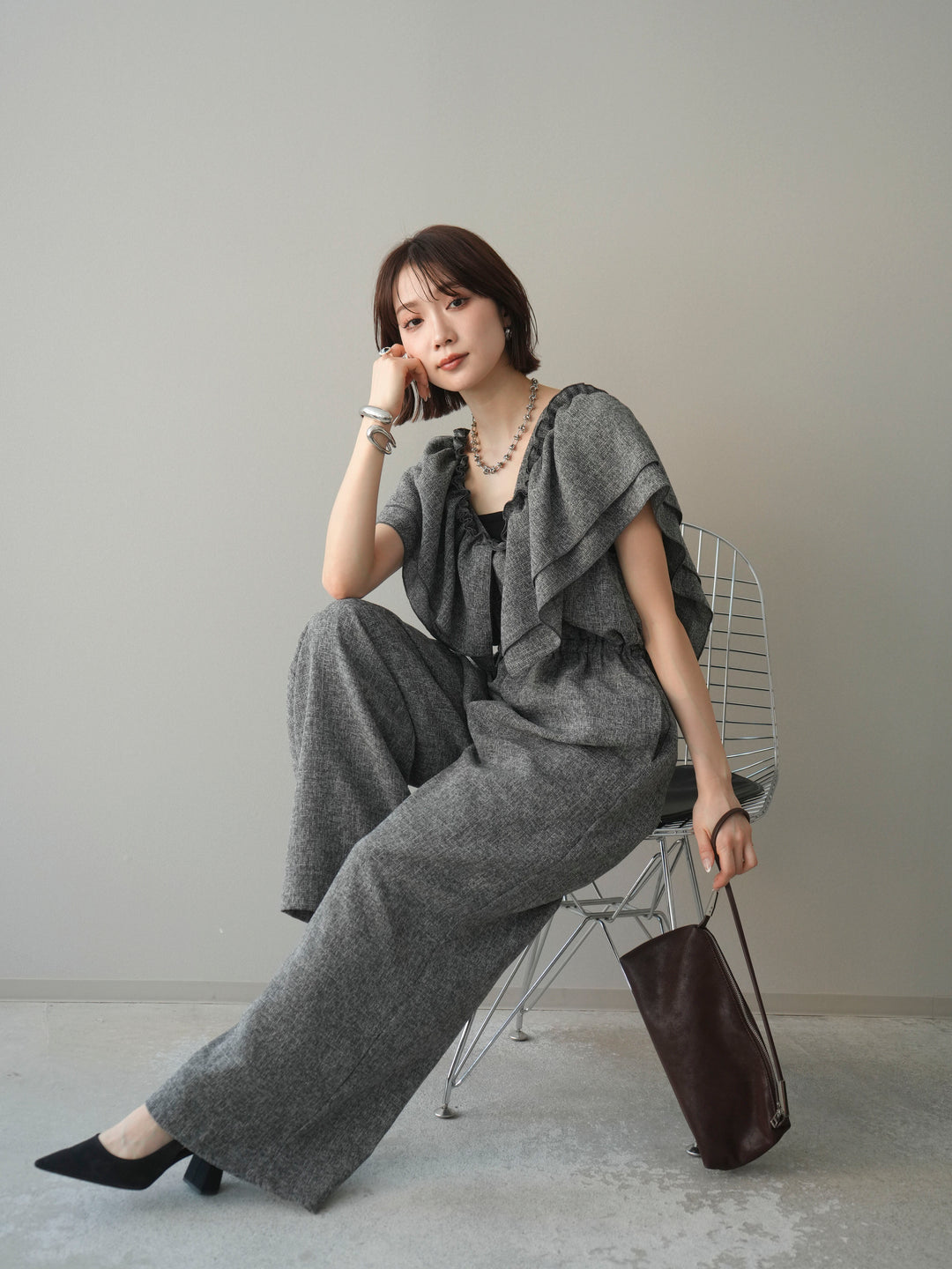 [SET]3WAYミックスツイードギャザーオールインワン+選べるアクセセット(2set)