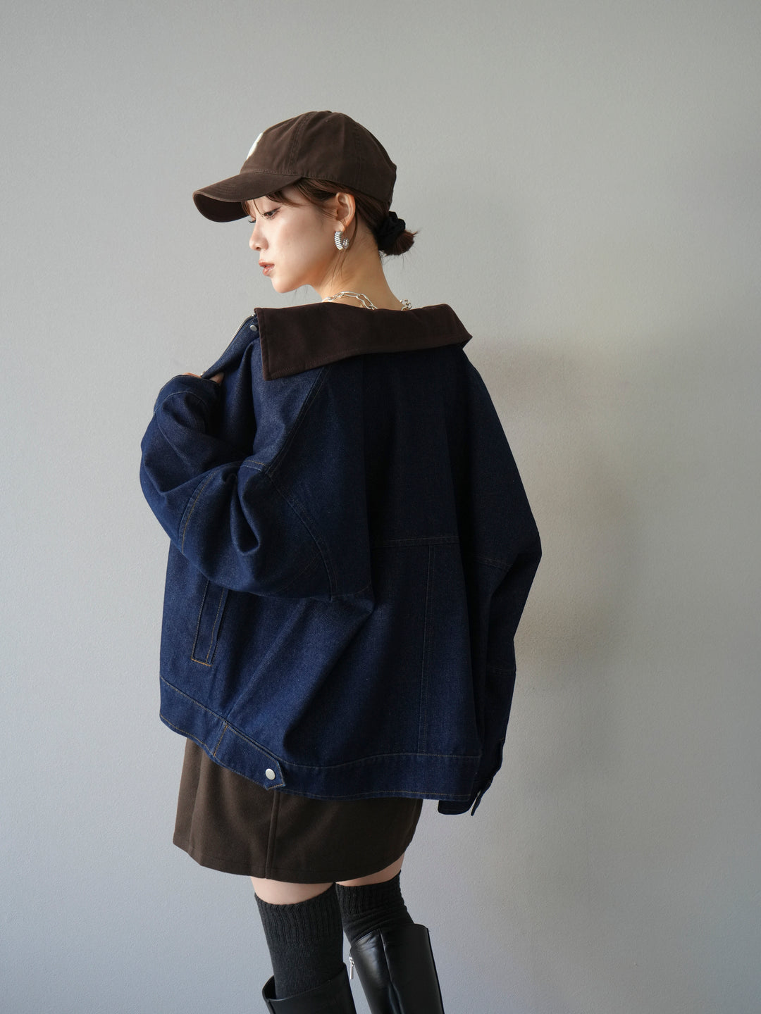 [予約]スウェード襟切替デニムブルゾン/インディゴ