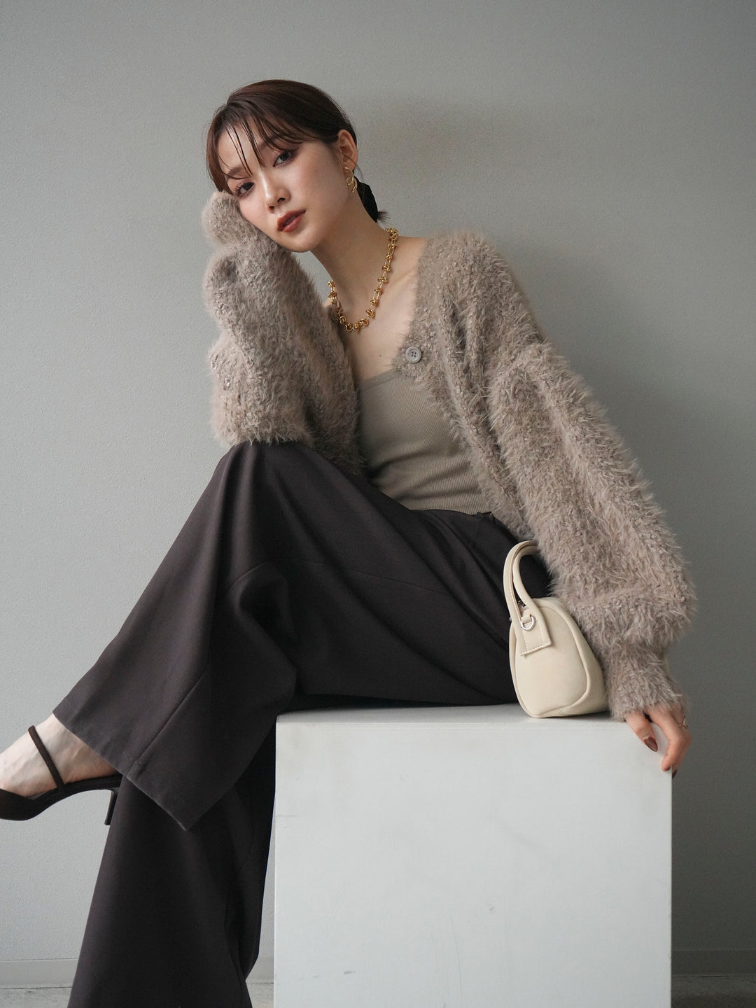 [SET]クルーネックランダムシャギーカーディガン+ベルトループデザインワイドパンツ(2set)