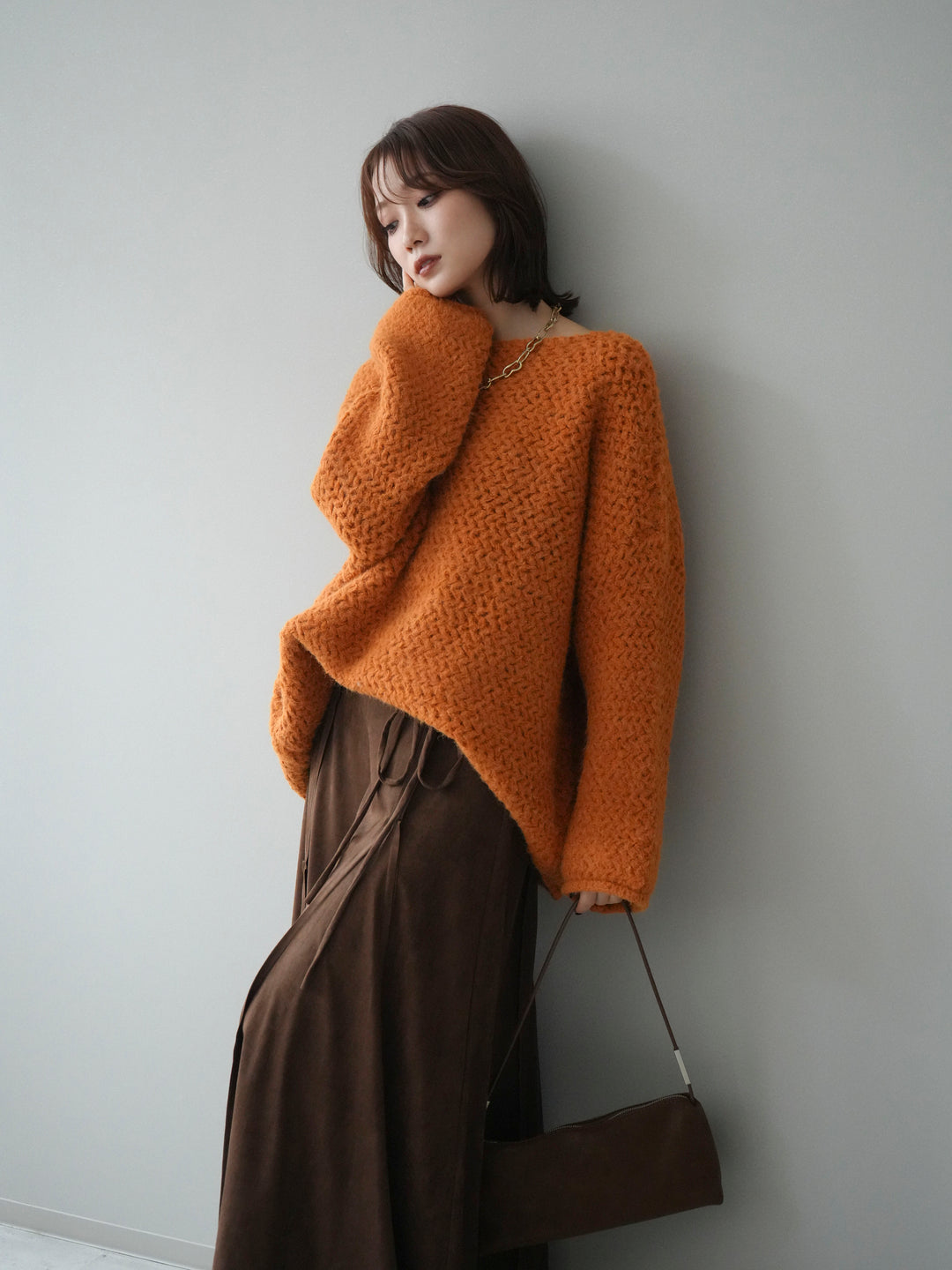 [予約]ワッフル編みオーバーニットプルオーバー/mustard