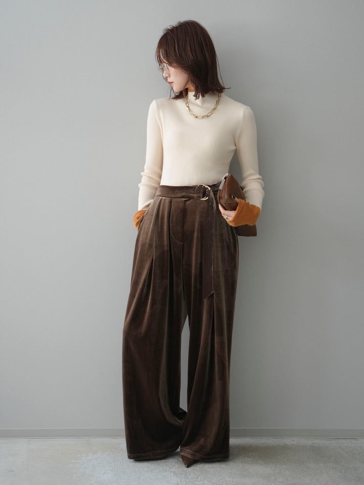 [予約]袖ボタンハイネック配色リブニットトップス/ivory