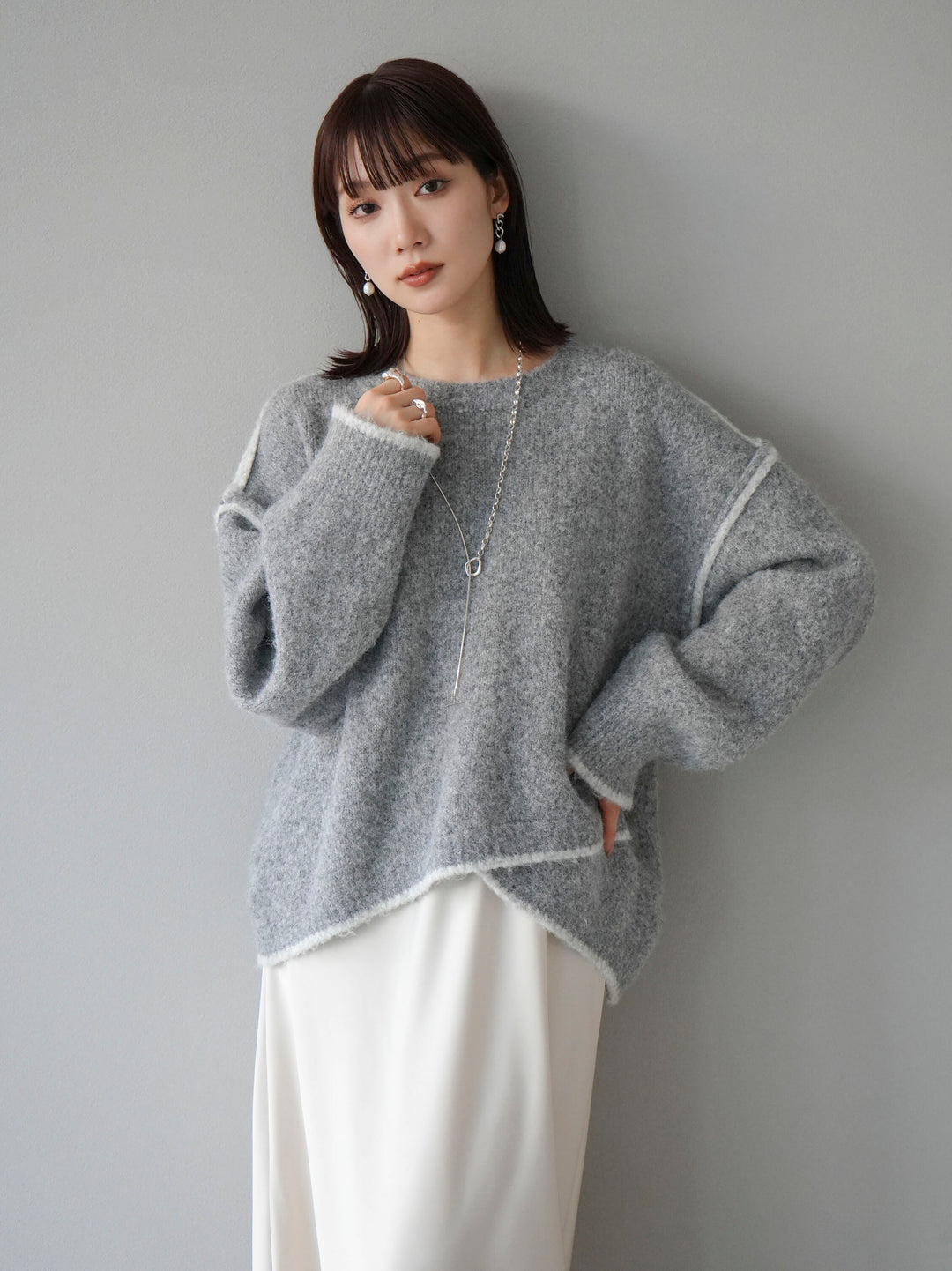 [預訂] 色彩協調針織套頭衫/灰色