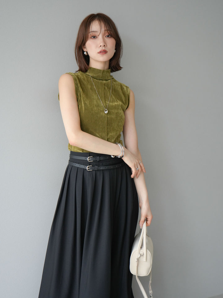 [SET]シアーベロアプチネックノースリーブトップス+エステルプリーツスリットスカート(2set)