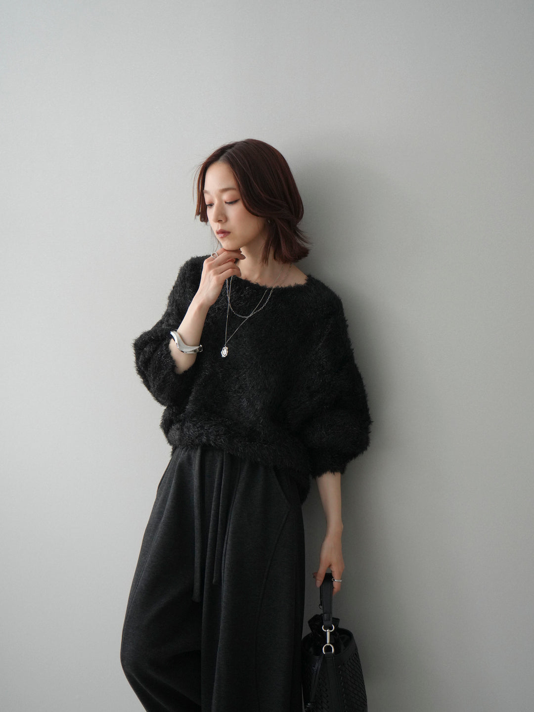 [予約]ラメシャギードルマンニットプルオーバー/black