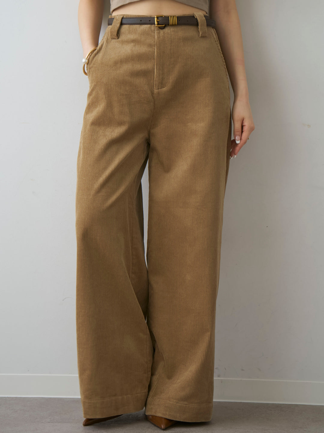 [予約]ベルト付コーディロイワイドストレートパンツ/beige