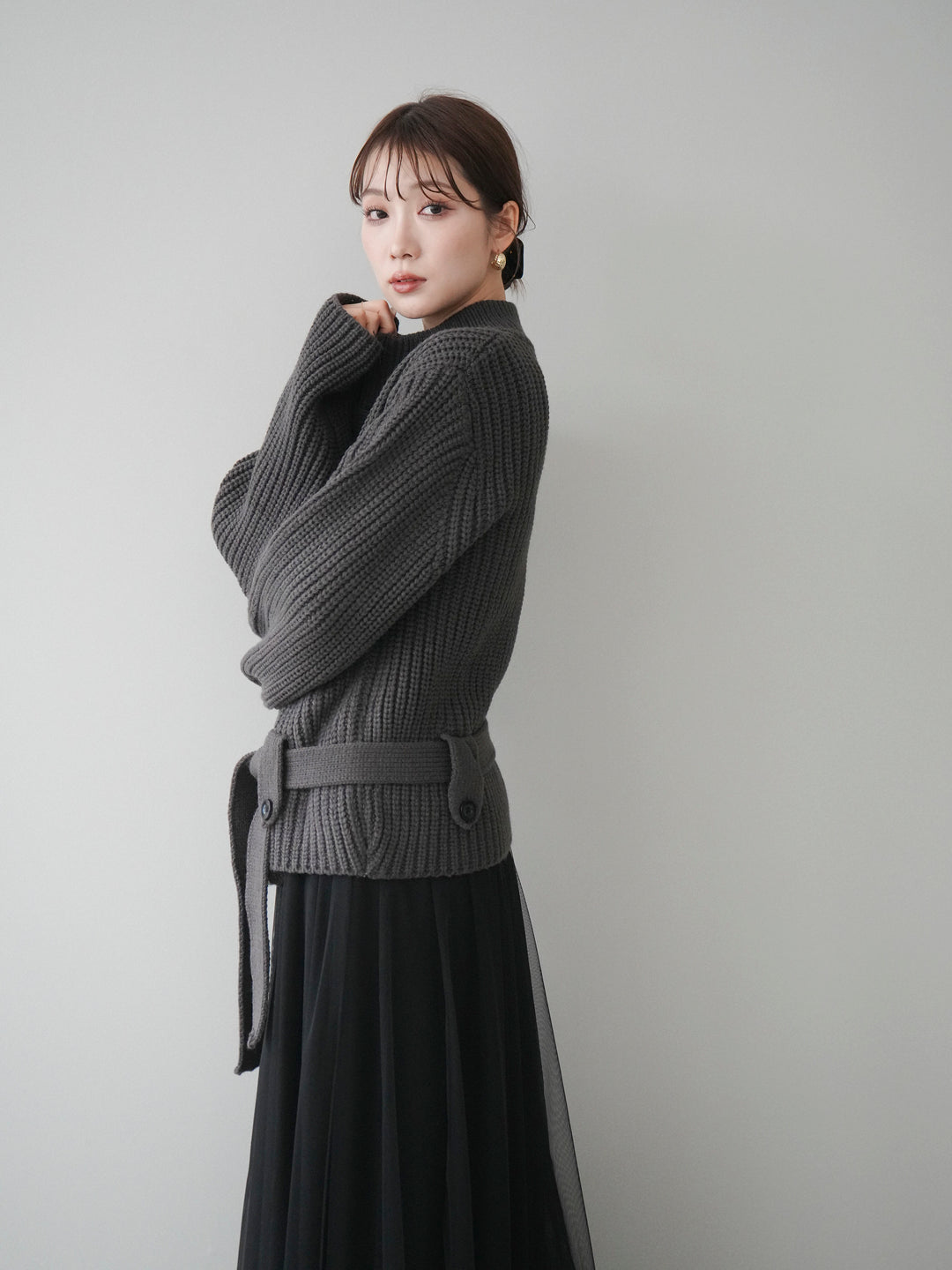 [予約]畦編みボトルネックZIPニットカーディガン/ gray