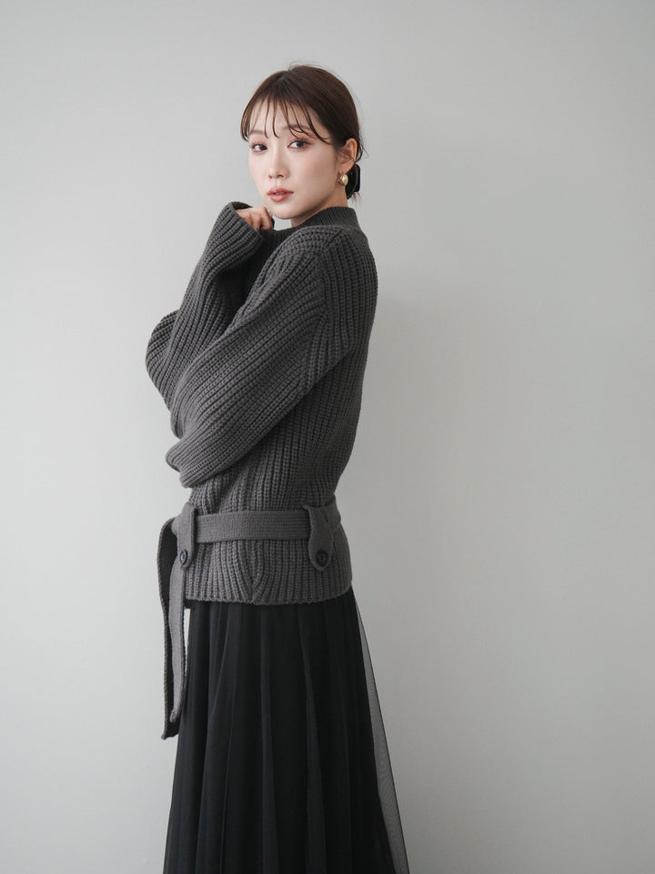 [予約]畦編みボトルネックZIPニットカーディガン/ gray