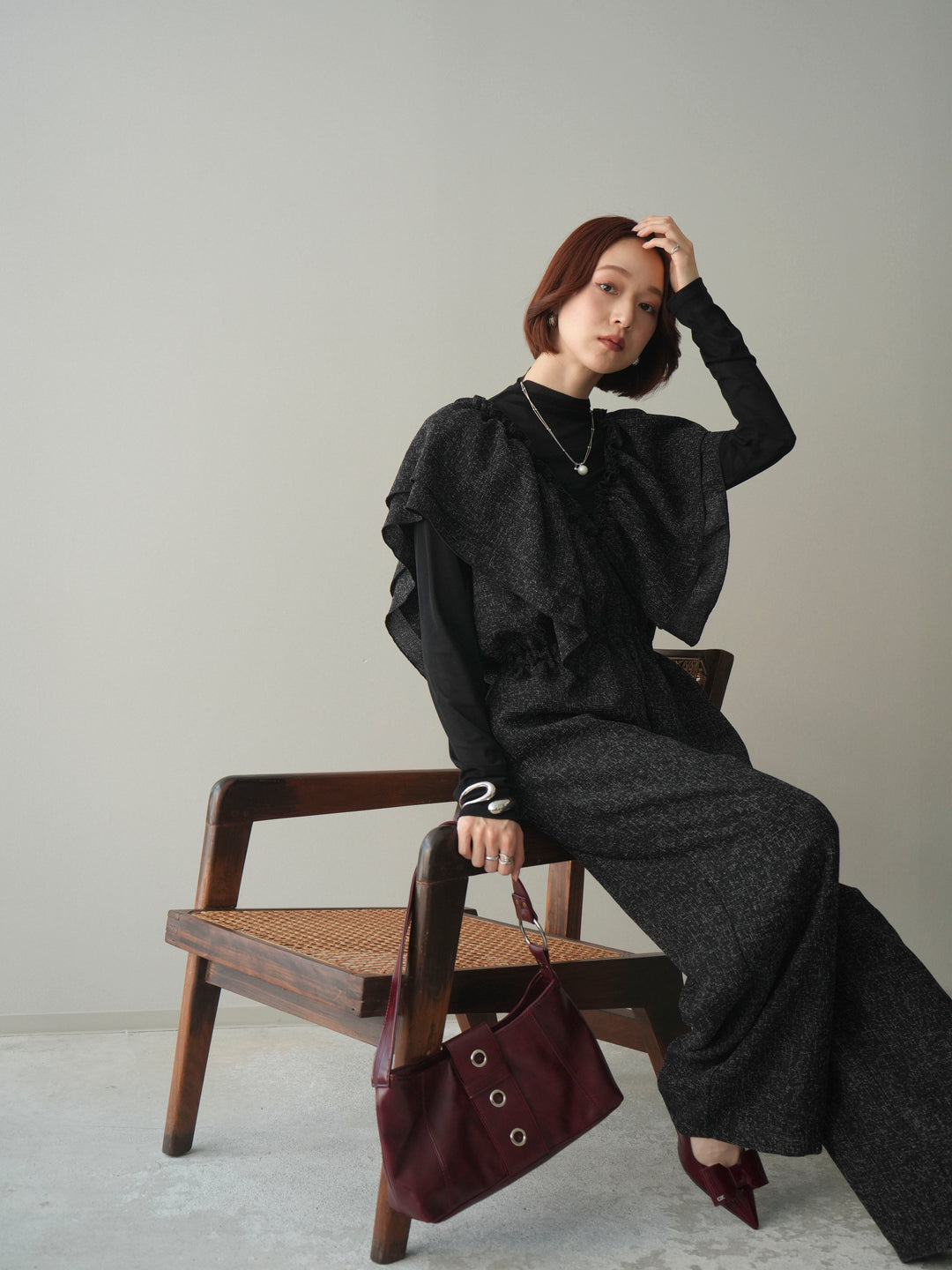 [SET]3WAYミックスツイードギャザーオールインワン+シアープチネックストレッチトップス(2set)