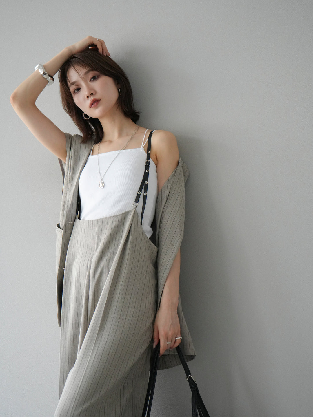 [SET]ヘリンボーンストライプジレ+ヘリンボーンストライプサロペット(2set)