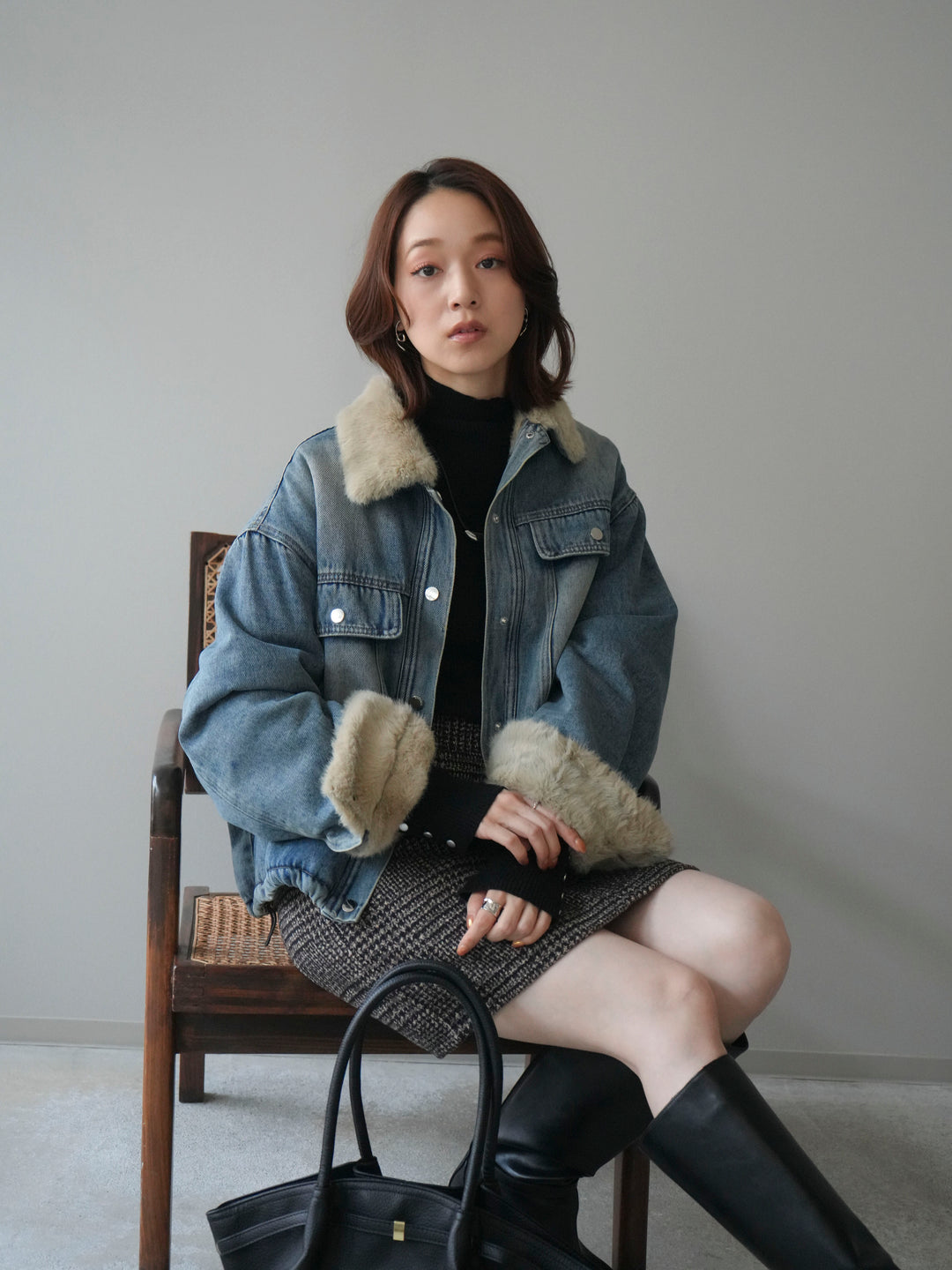 [予約]デニム×ファーステンカラーショートジャケット/lightblue