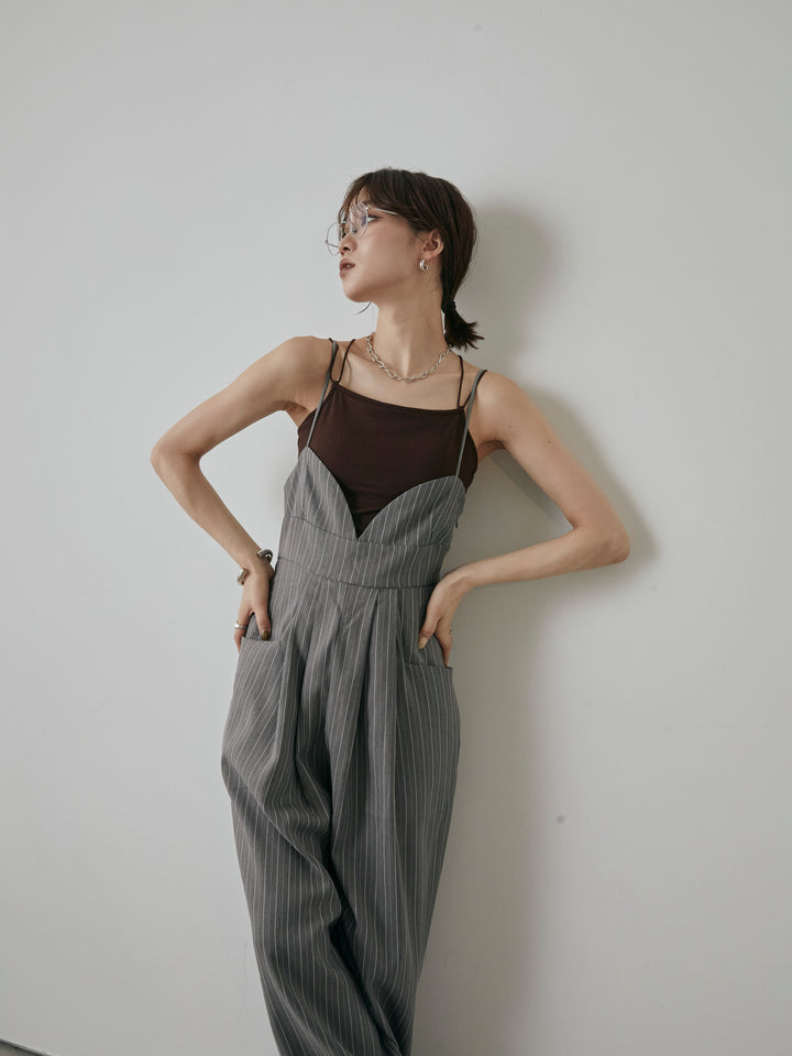 [予約]ヘリンボーンストライプサロペット/チャコール