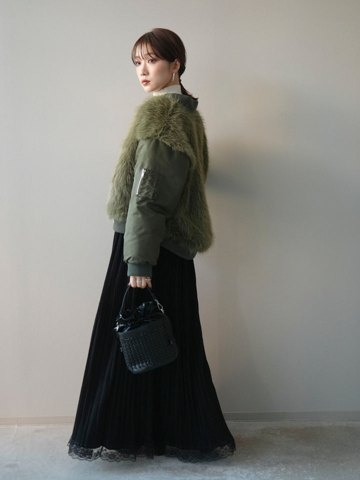 [SET]ファードッキングMA-1+袖ボタンボトルネックリブニットトップス+裾レーススウェードプリーツマキシスカート(3set)