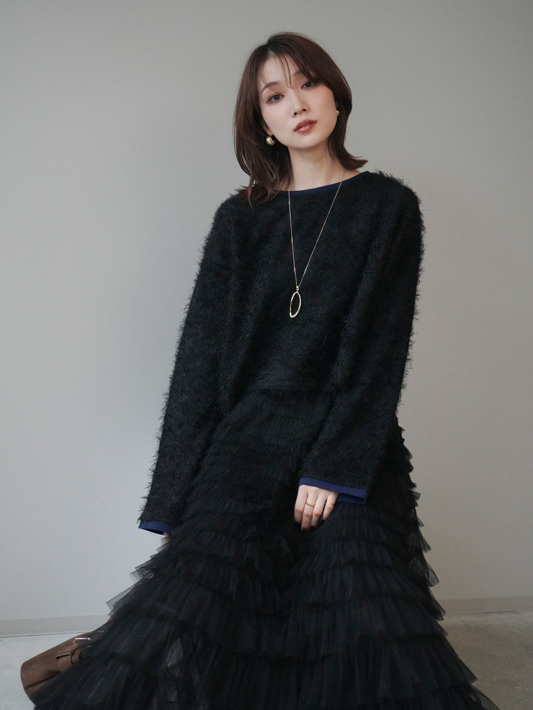 [予約]バイカラー2WAYシャギーニットカーディガン/black