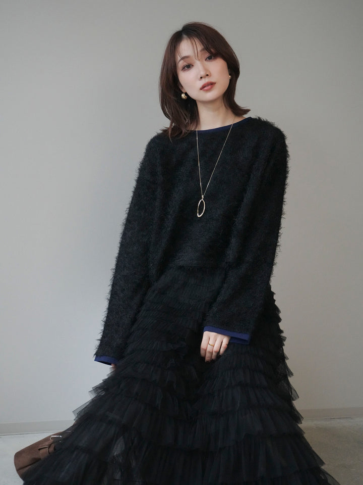 [予約]バイカラー2WAYシャギーニットカーディガン/black