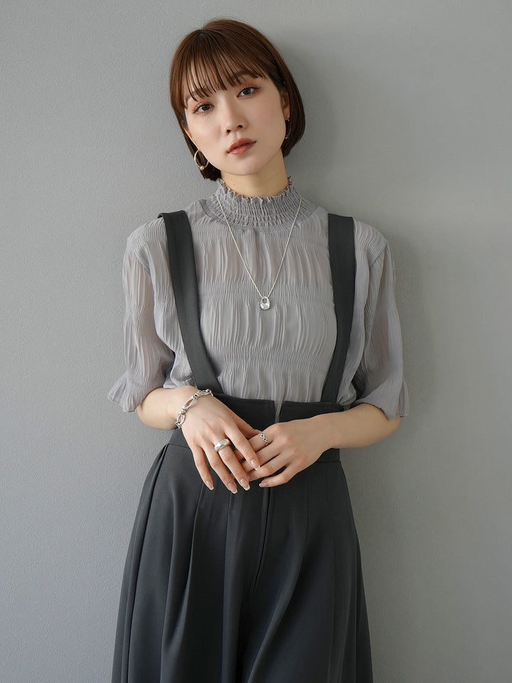 [SET] Shirring chiffon half sleeve blouse + 2WAY flare jumper skirt (2set)