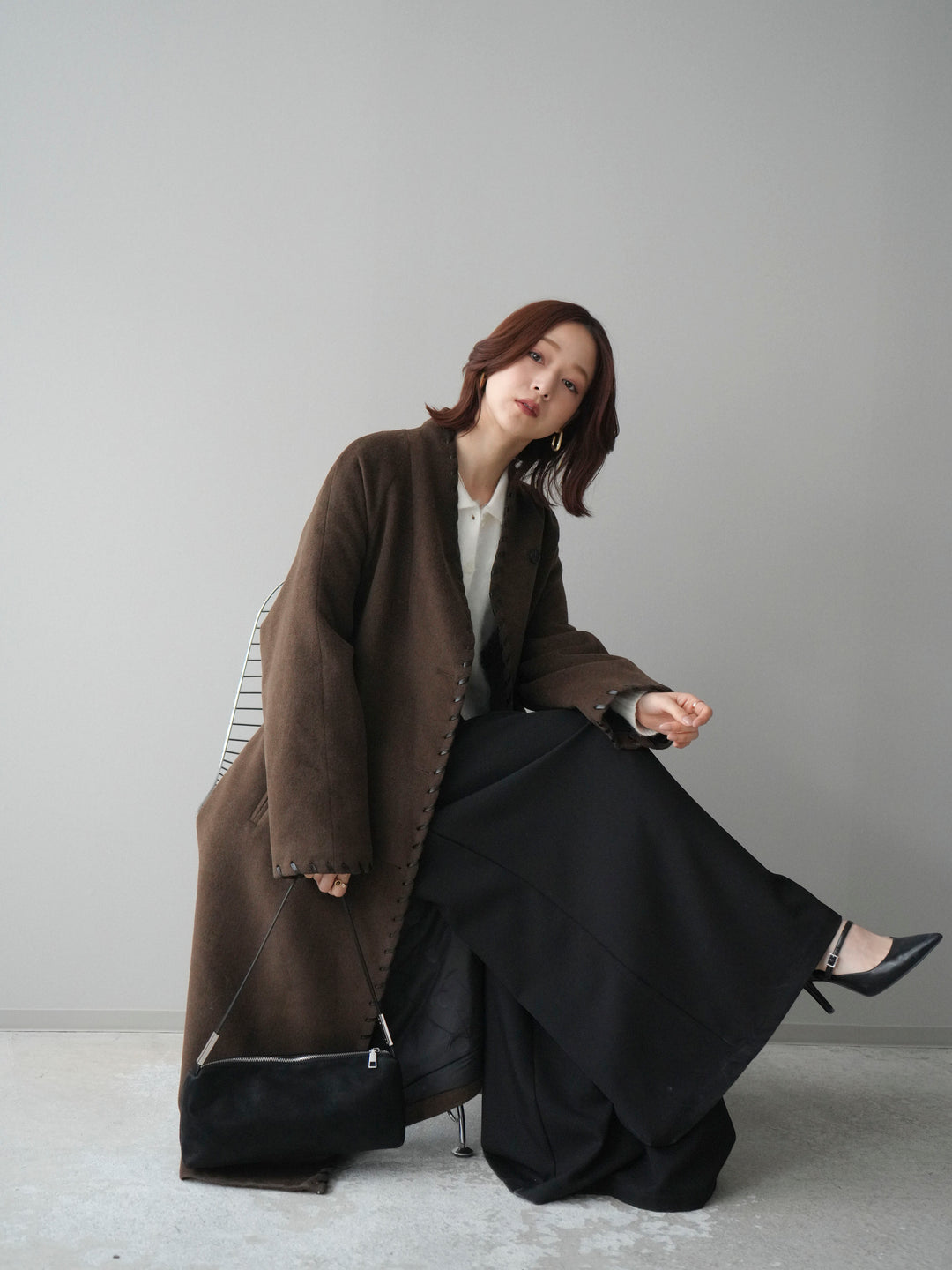 [SET]ハンドステッチ裏中綿ロングコート+テープベルトタックバギーパンツ(2set)