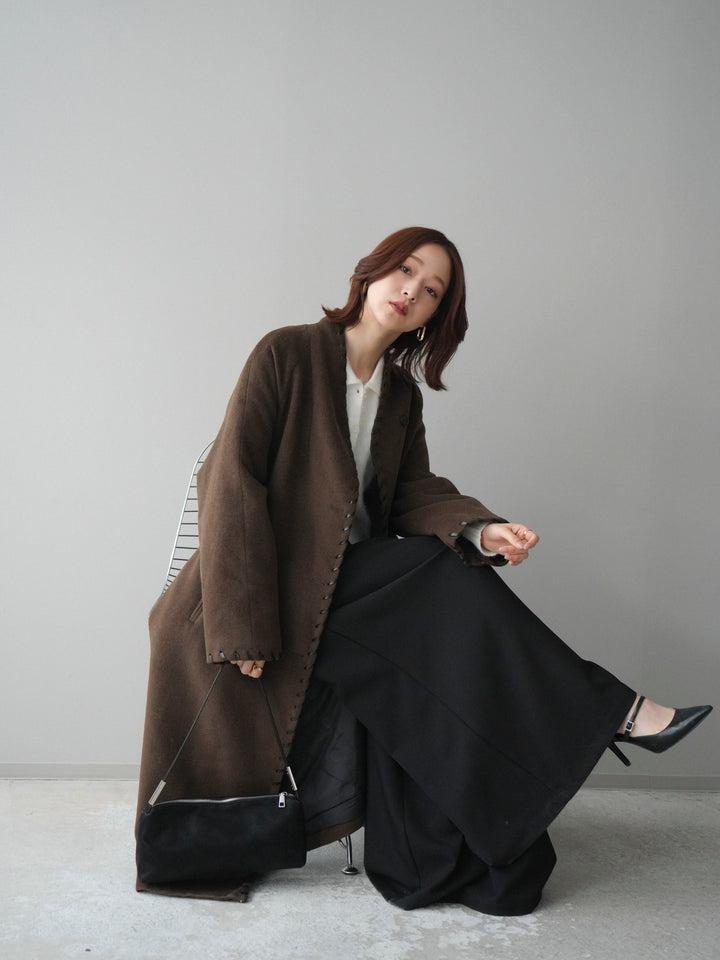 [SET]ハンドステッチ裏中綿ロングコート+テープベルトタックバギーパンツ(2set)