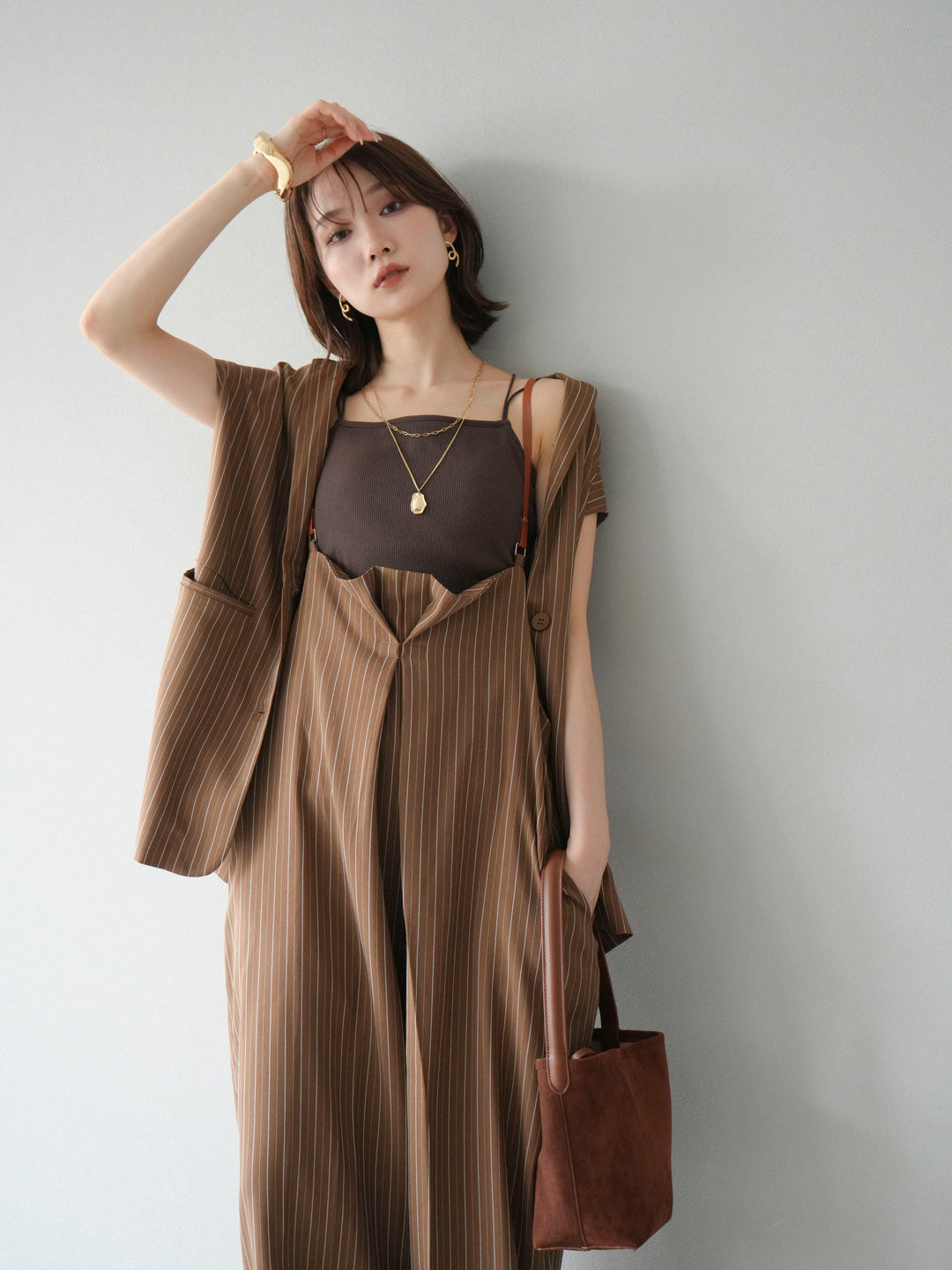 【着回しセット】[SET]ヘリンボーンストライプジレ+シアー切替ベロアトップス+ヘリンボーンストライプサロペット(3set)