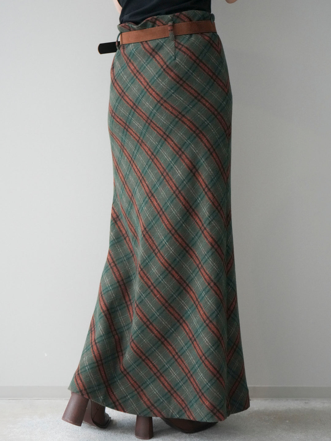 [予約]ベルト付チェック柄ナロースカート/green