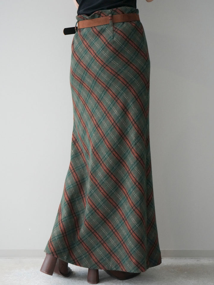 [予約]ベルト付チェック柄ナロースカート/green