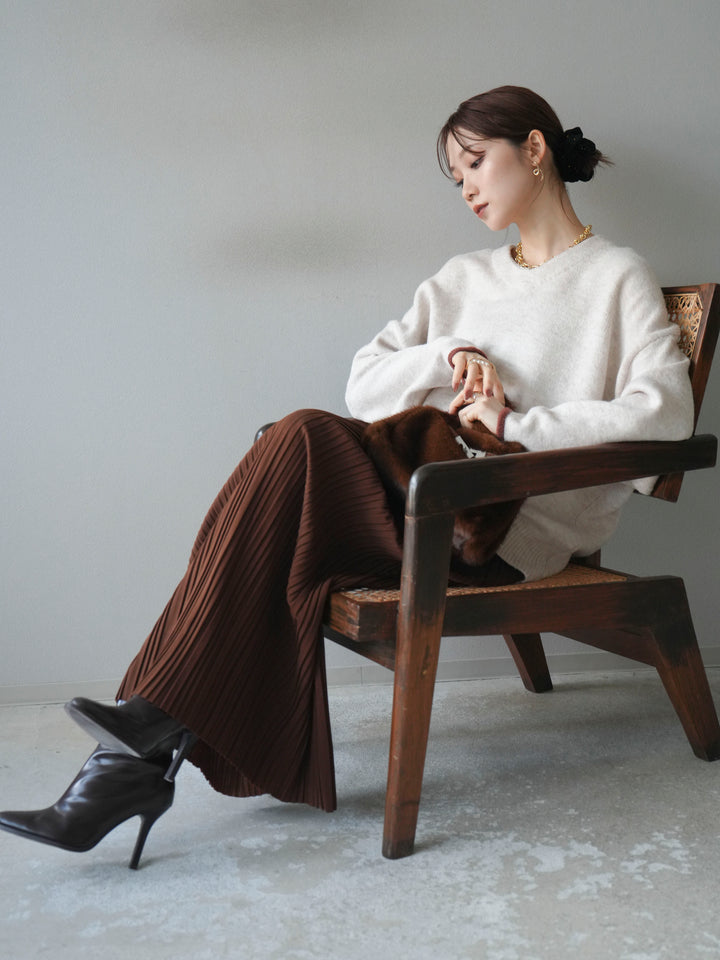 [SET]Vネック配色スリーブニットプルオーバー+選べるアクセセット(2set)