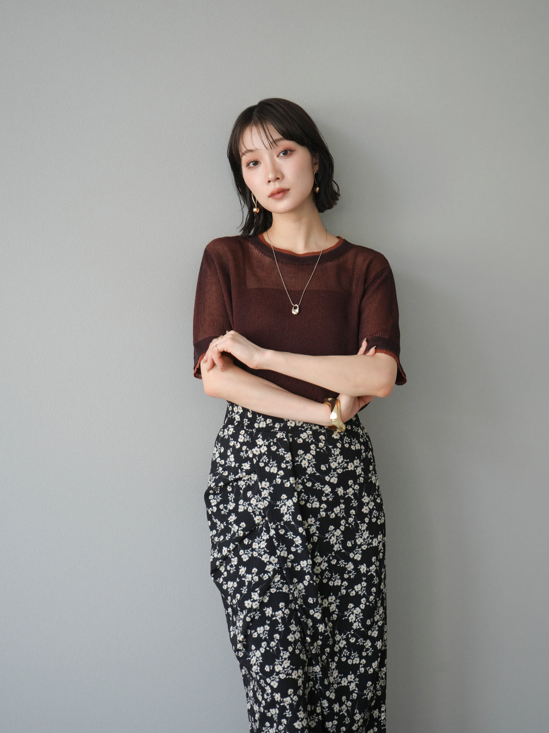 [SET]リネンタッチ配色二重臼ハーフニットトップス+選べるアソート柄スカートセット(2set)