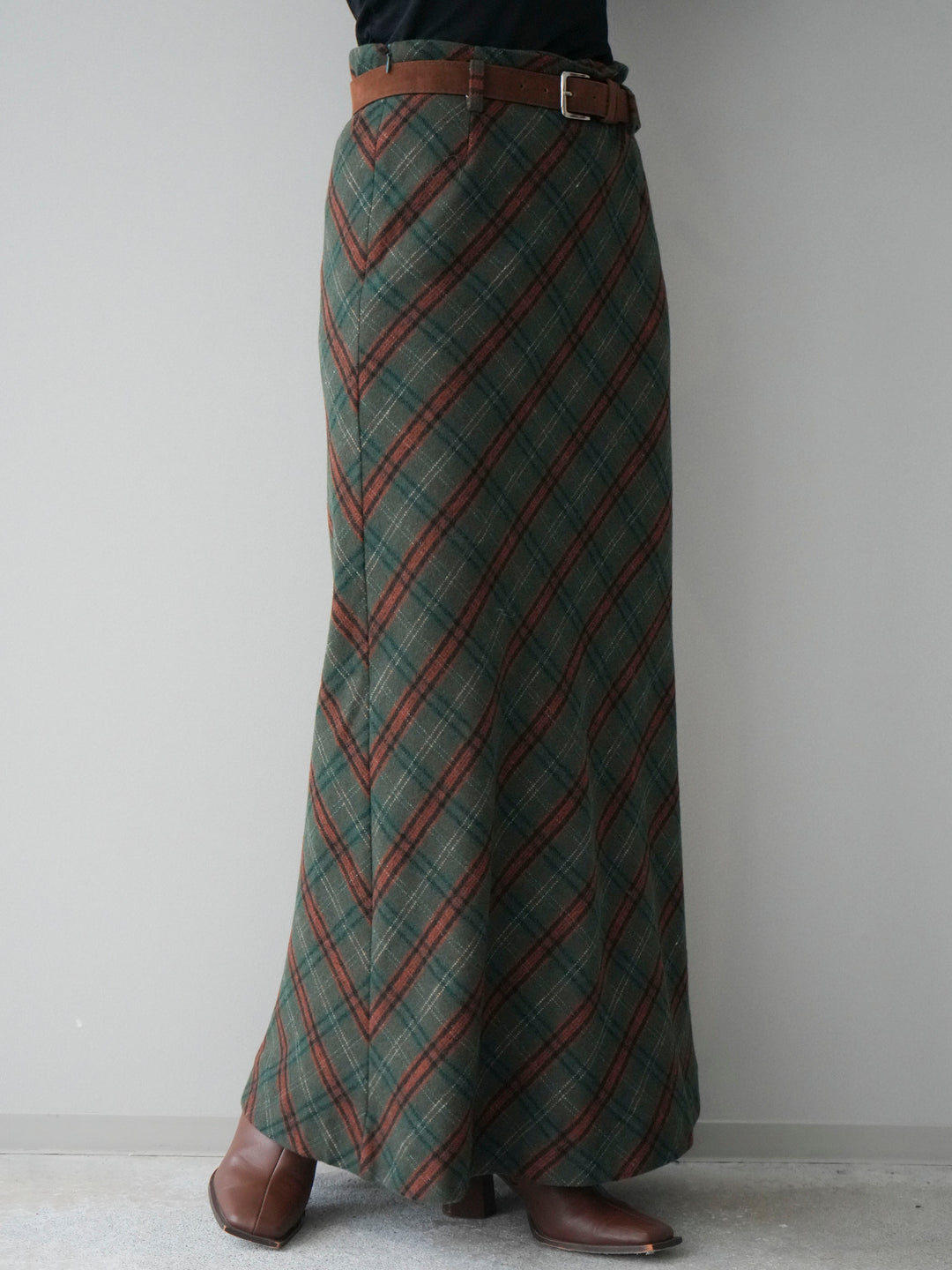 [予約]ベルト付チェック柄ナロースカート/green