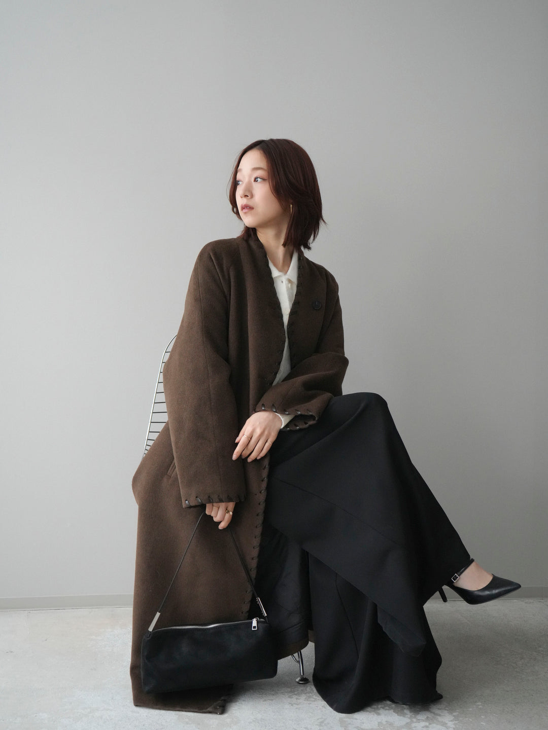 [SET]ハンドステッチ裏中綿ロングコート+モヘア衿付きボタンプルオーバー(2set)