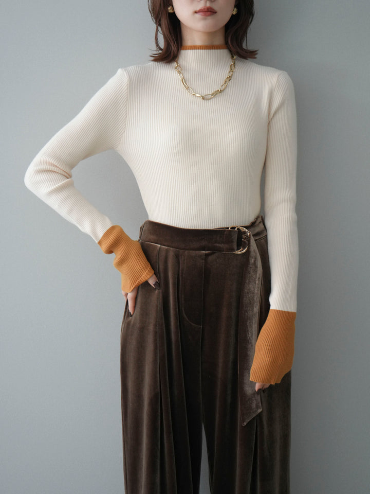 [予約]袖ボタンハイネック配色リブニットトップス/ivory