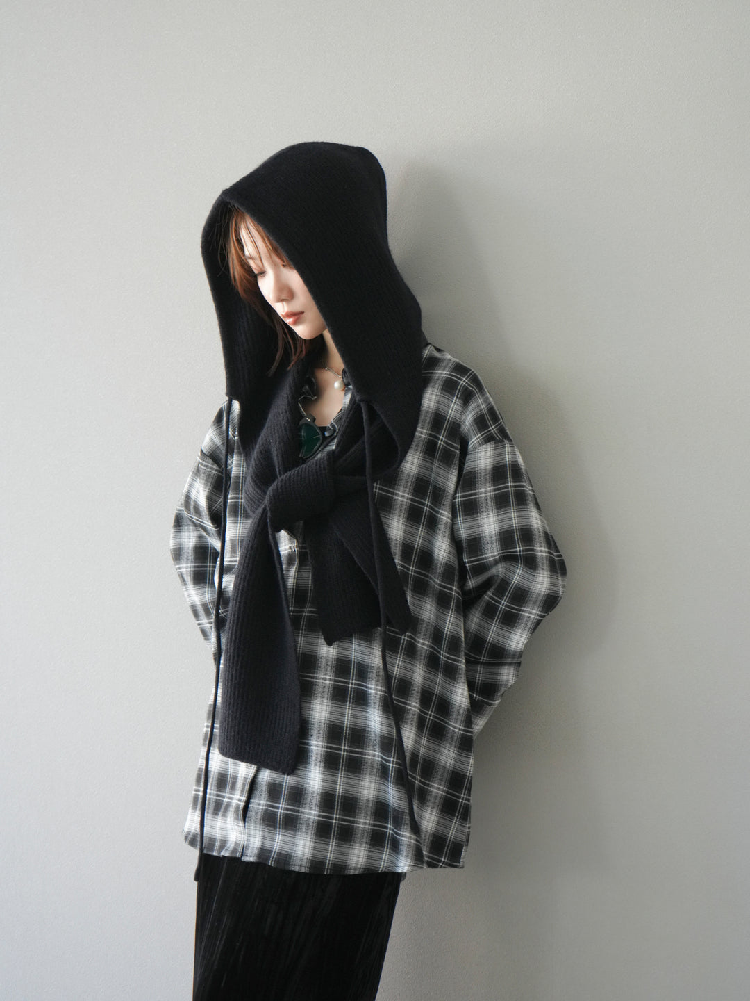 [SET]レザー襟オンブレチェックオーバーシャツ +クラッシュベロアナロースカート(2set)