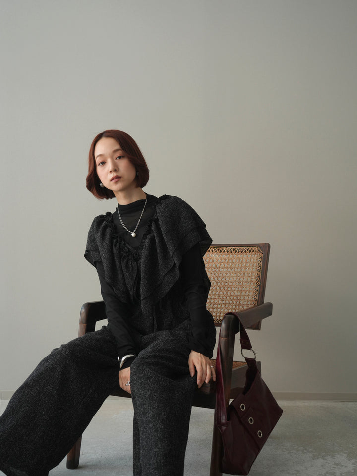 [SET]3WAYミックスツイードギャザーオールインワン+シアープチネックストレッチトップス(2set)