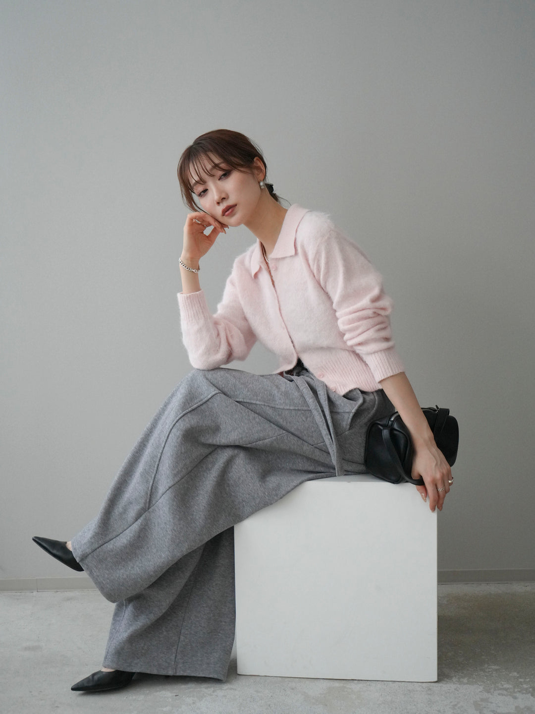 [予約]モヘア衿付きボタンプルオーバー/pink