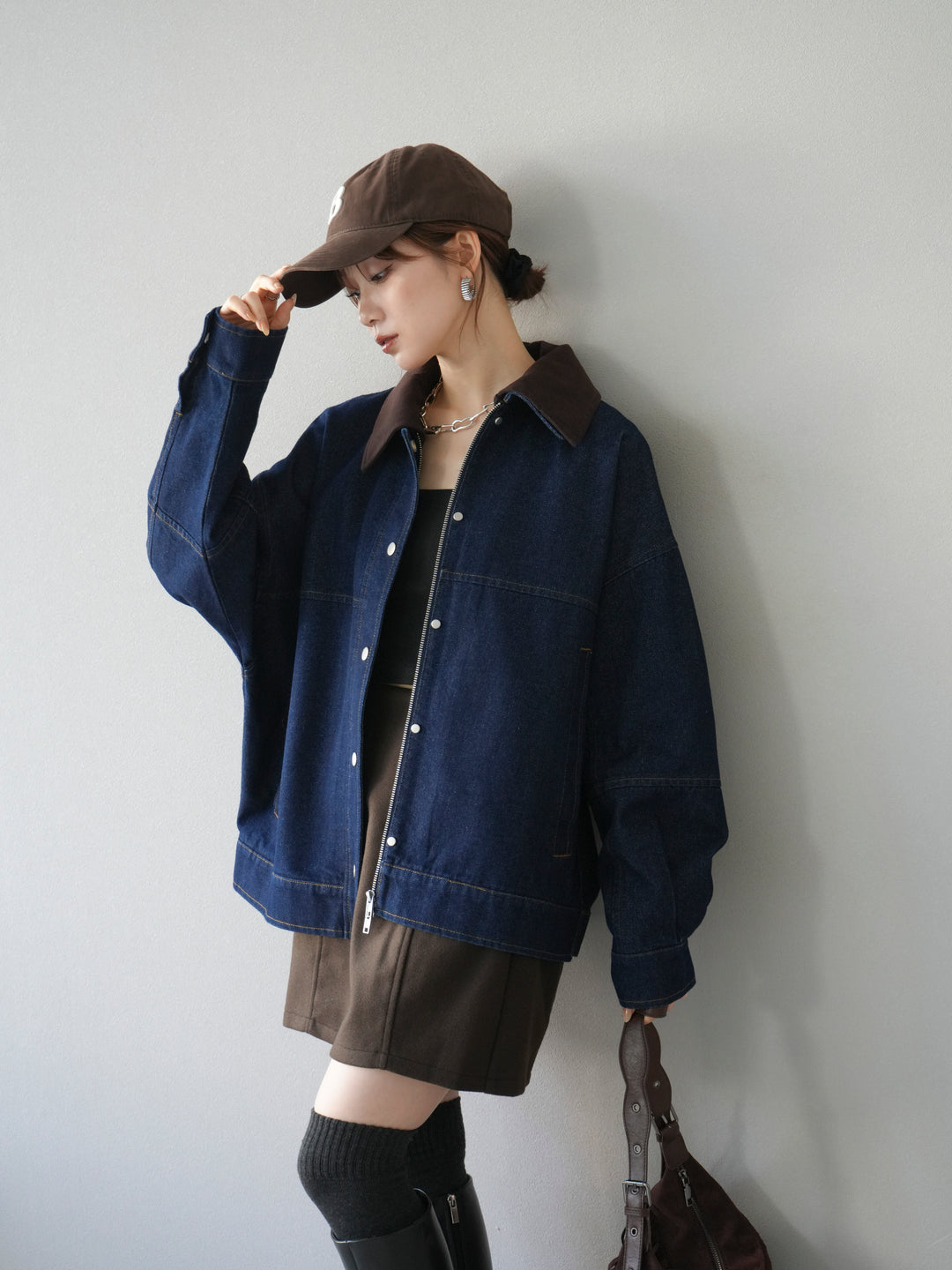 [予約]スウェード襟切替デニムブルゾン/インディゴ