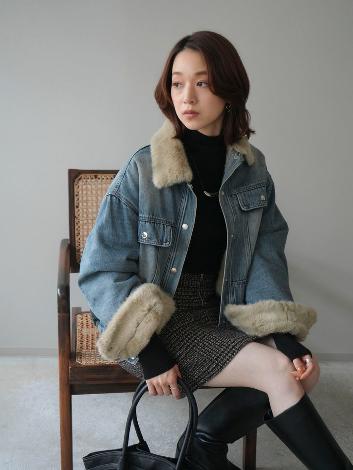 [予約]デニム×ファーステンカラーショートジャケット/lightblue