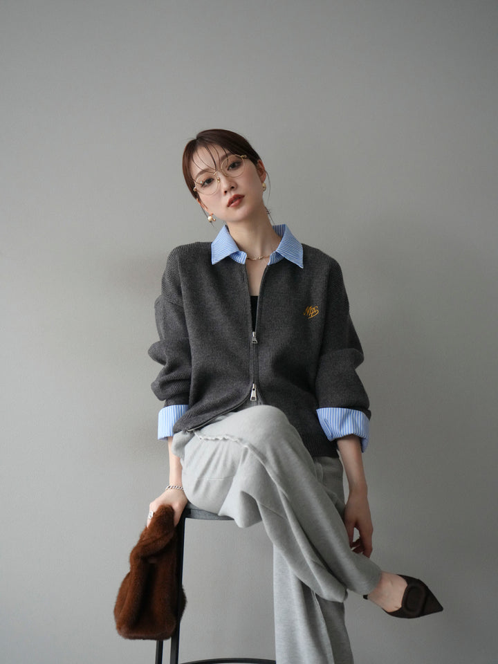 [SET]ストライプシャツレイヤードZIPニットカーディガン+ストライプシャツレイヤードZIPニットカーディガン(2set)