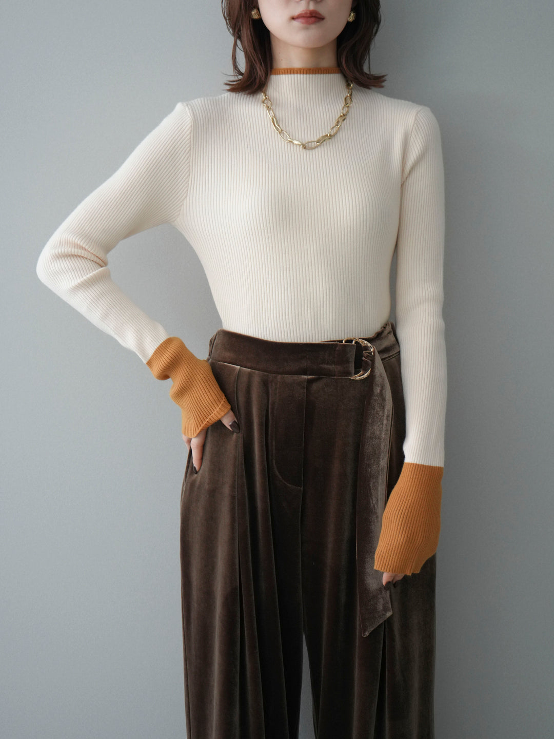 [SET]袖ボタンハイネック配色リブニットトップス+選べるアクセセット(2set)